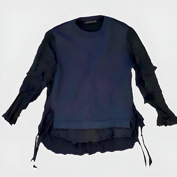 ZARA Navy Blue and Black Satin Contrast Layered Sweater Sweatshirt Blouse Small - Picture 13 of 16